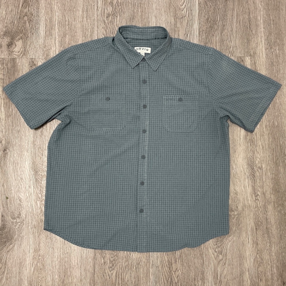 Orvis Shirt Mens XL Grey Short Sleeve Micro Check Pockets Button Hiking Fishing